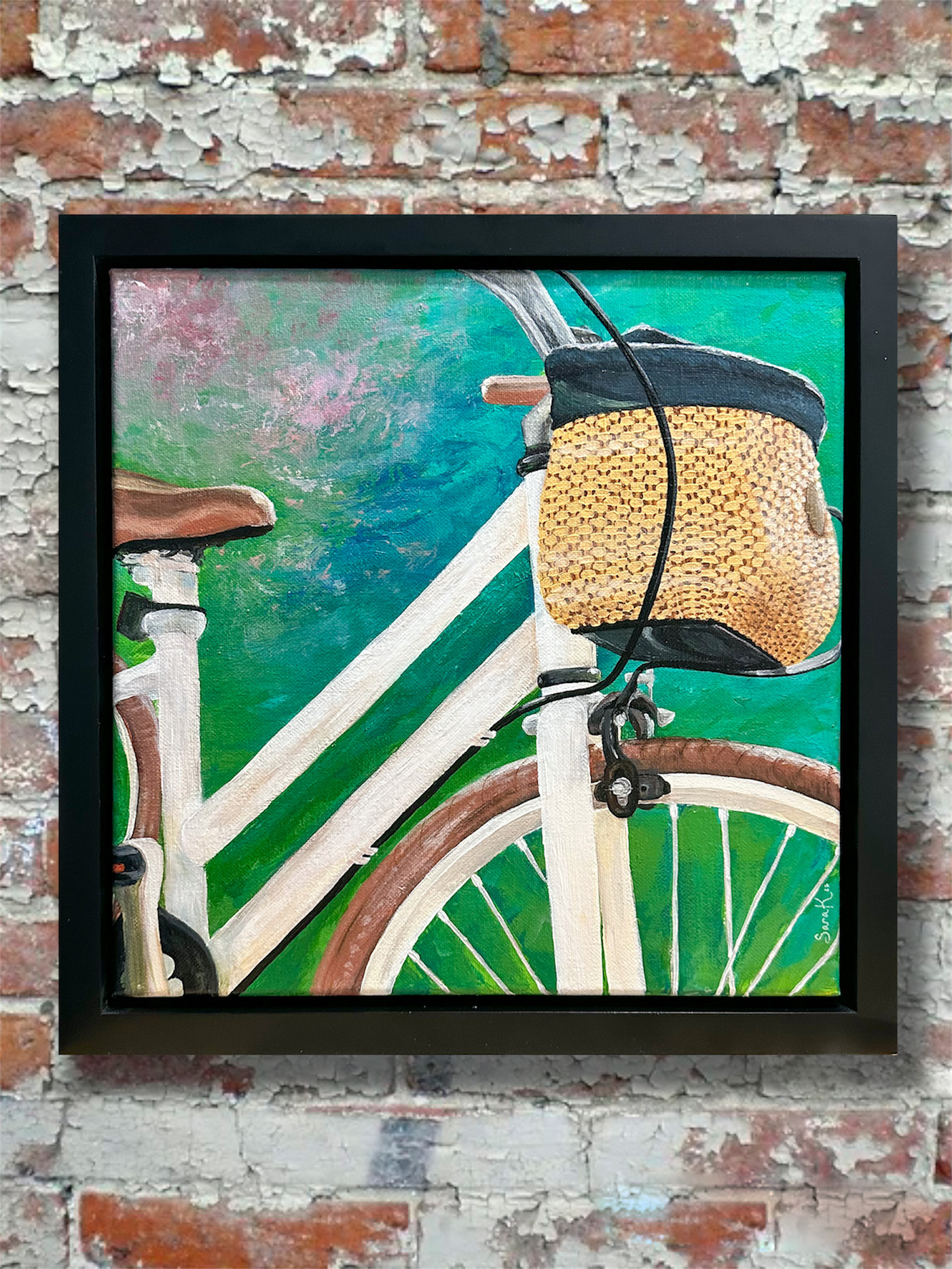 12 X 12 Framed Original Acrylic Painting On Canvas Basket Bike   Bike Basket 